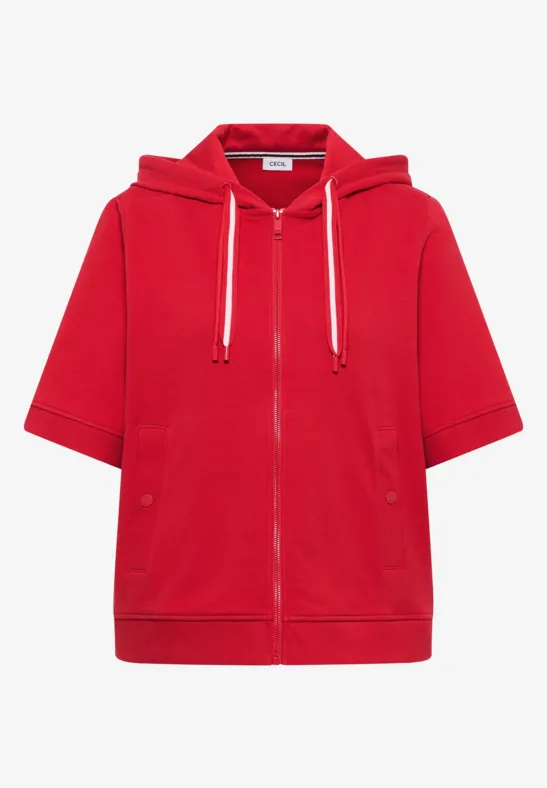 Roter Kapuzen-Sweatshirt mit kurzem Arm, Reißverschluss und Kordelzug.