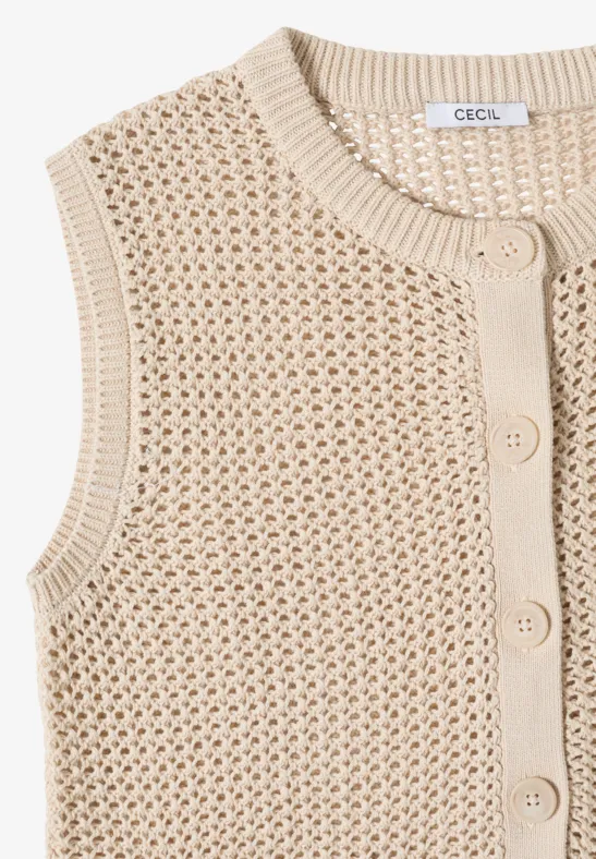 Beige, gilet sans manches en maille ajourée, boutonné et col rond.