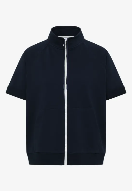 Veste bleu marine à manches courtes, fermeture éclair, col montant et poches latérales