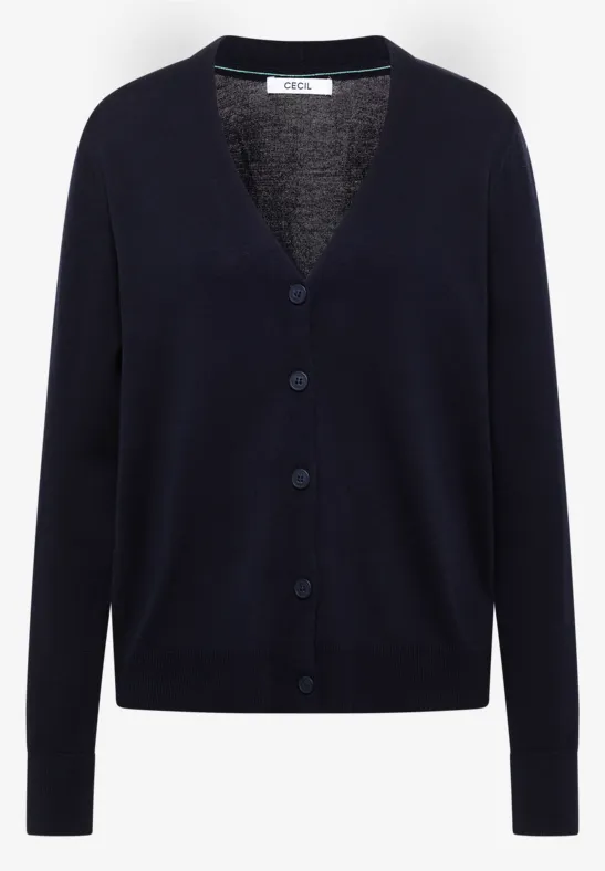 Cardigan en maille bleu marine à col en V, manches longues et fermeture boutonnée, coupe simple.