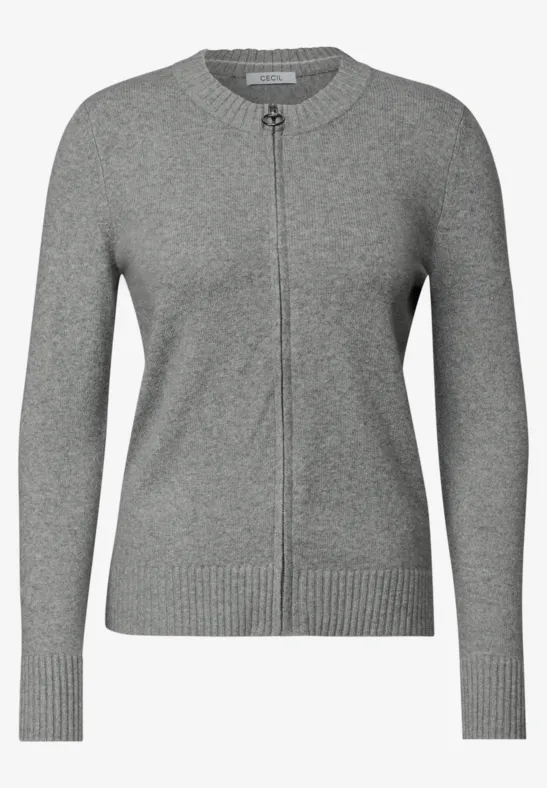 Graue Damen-Strickjacke mit Reißverschluss und Rundhalsausschnitt.