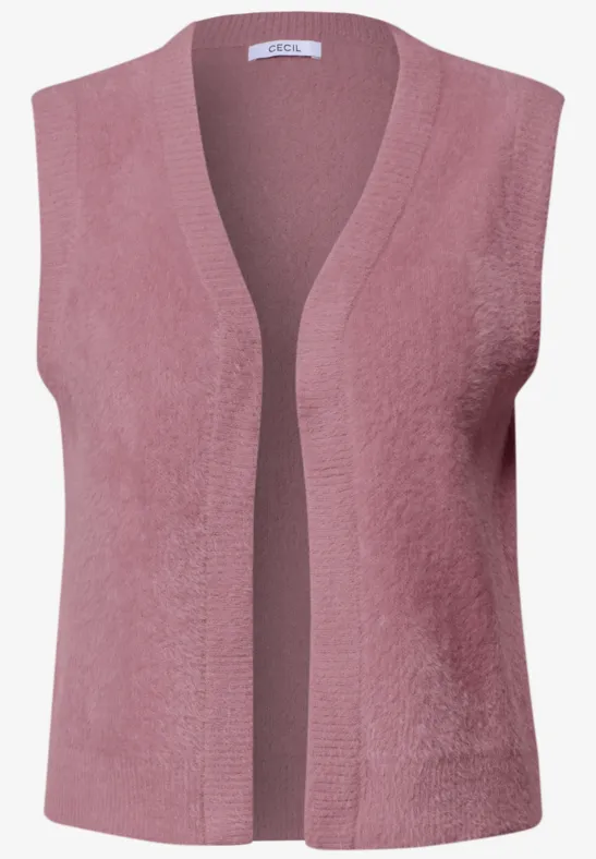 Gilet sans manches en maille rose à ouverture libre sur le devant.