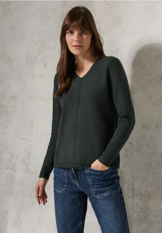 Przytulny sweter z dekoltem w szpic active khaki melange
