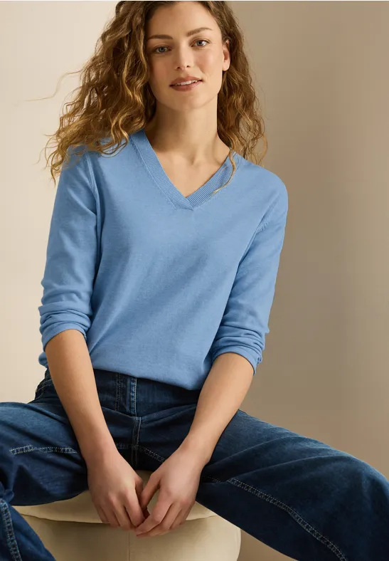 Pull à col en V light blue melange
