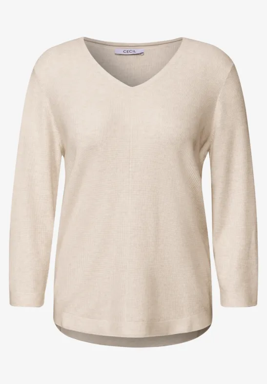 Pull en tricot col V oat milk beige melange