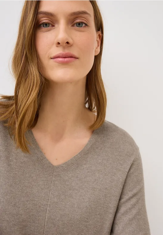 Pull en tricot col V toffee cream melange