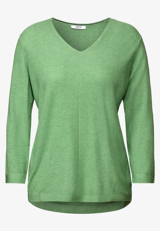 Pull en tricot col V fennel green melange