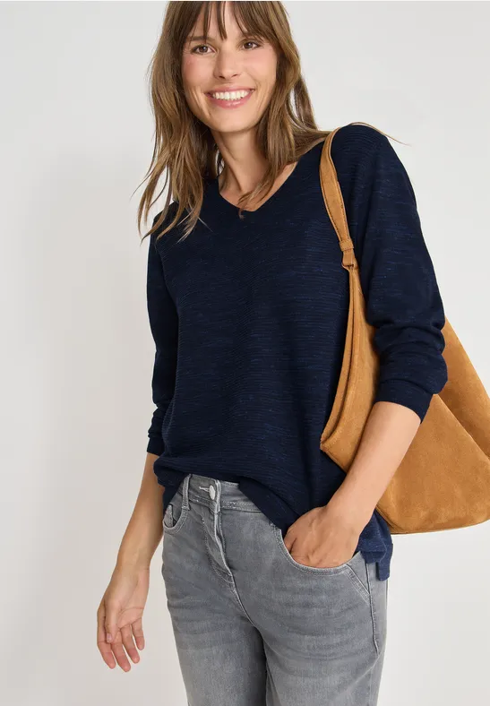 Pull à col en V deep blue heather melange