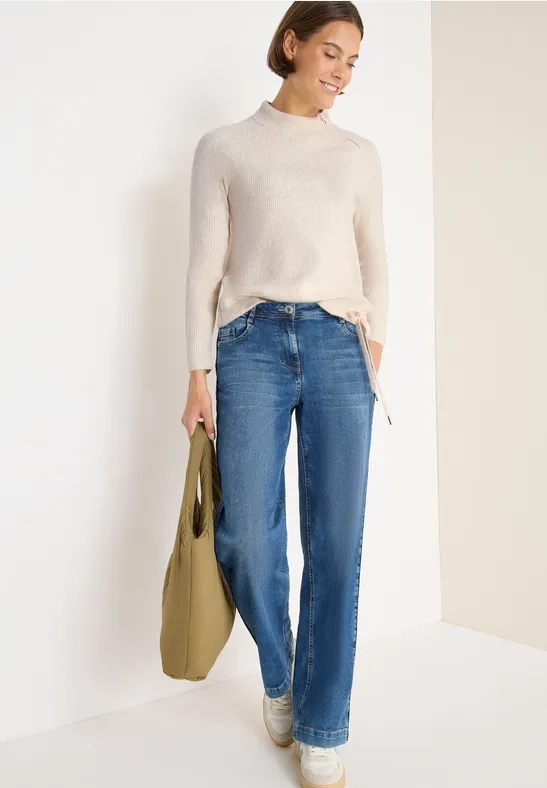 Strukturpullover mit Zipper oat milk beige melange