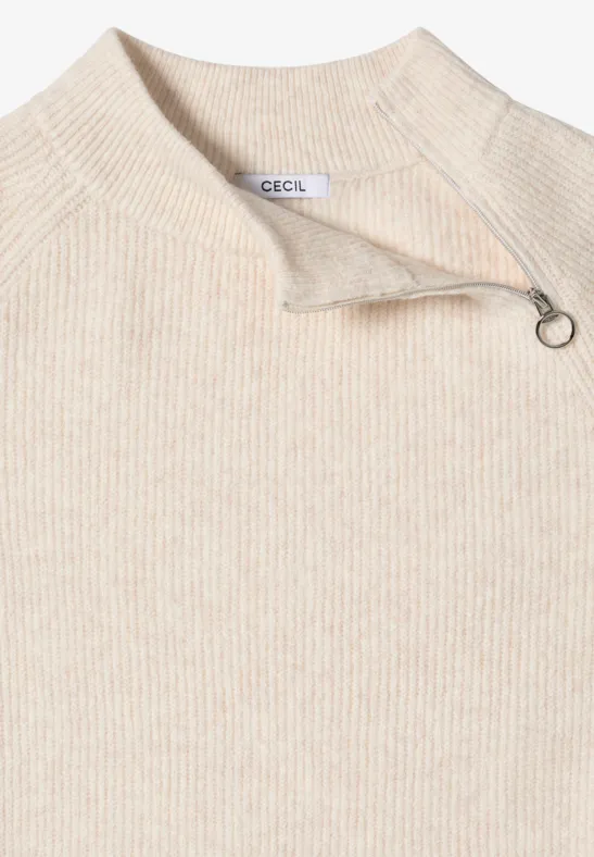 Strukturpullover mit Zipper oat milk beige melange