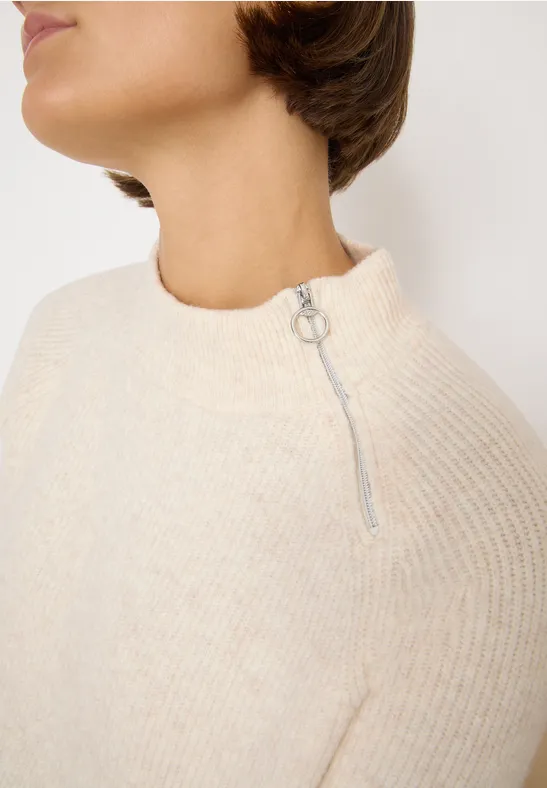 Strukturpullover mit Zipper oat milk beige melange
