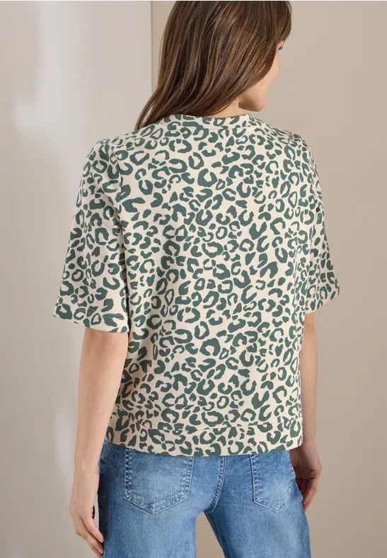Kurzarm Sweatshirt mit Leo-Print macadamia beige