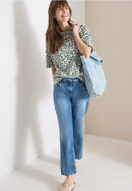 Kurzarm Sweatshirt mit Leo-Print macadamia beige