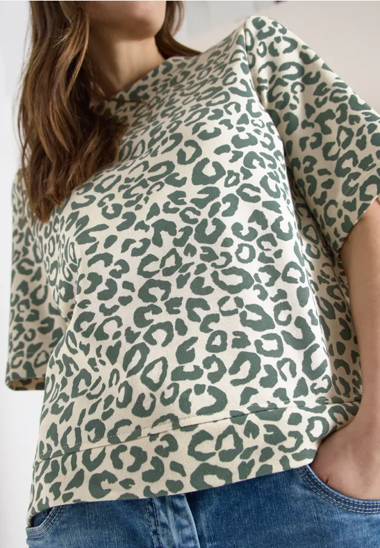 Kurzarm Sweatshirt mit Leo-Print macadamia beige