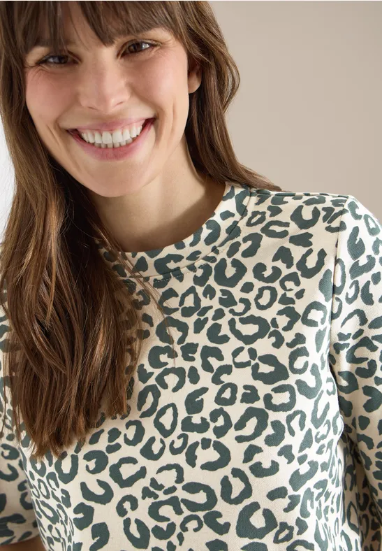 Kurzarm Sweatshirt mit Leo-Print macadamia beige