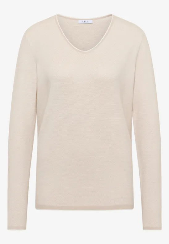 Beige Langarm-Pullover mit V-Ausschnitt aus feinem Material, schlichtes, zeitloses Design.