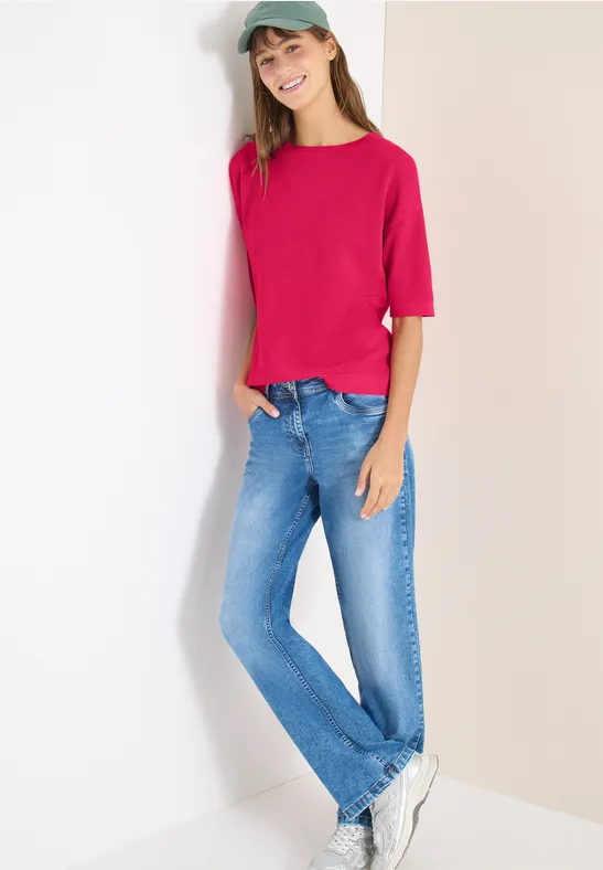 Trui met korte mouwen en structuur beetroot pink