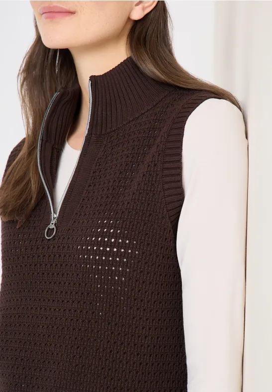 Pullunder im Crochet-Look mit Zipper macchiato brown