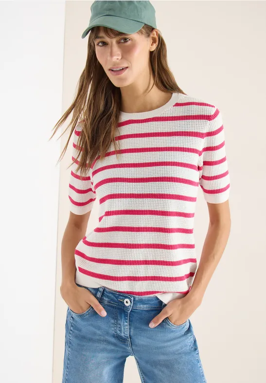 Kurzarm Pullover mit Struktur und Streifen beetroot pink