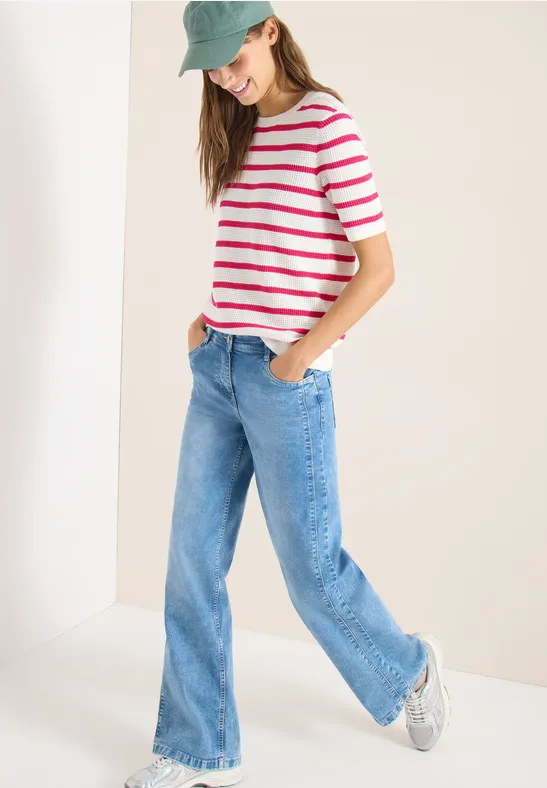 Kurzarm Pullover mit Struktur und Streifen beetroot pink