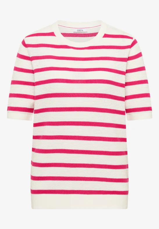 Kurzarm Pullover mit Struktur und Streifen beetroot pink