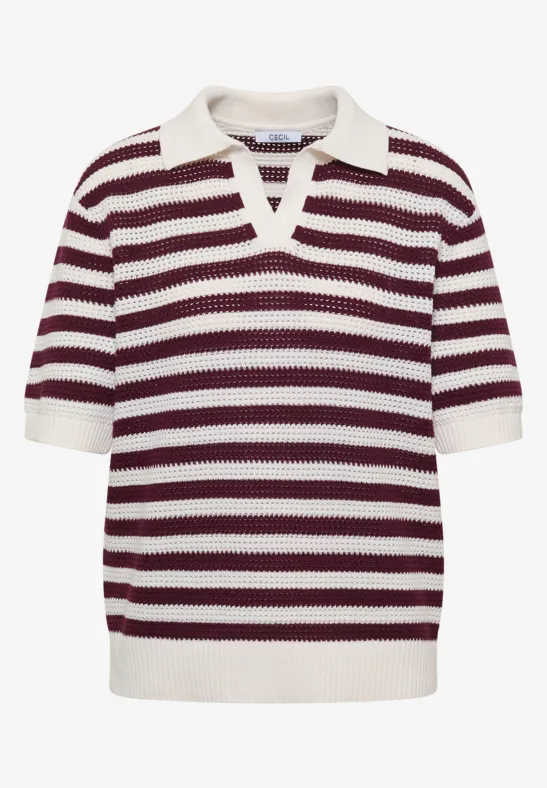 Kurzärmliges Strick-Poloshirt mit weißen und burgunderfarbenen Streifen und weißem Kragen.