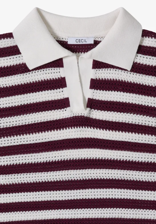 Gestreiftes, kurzärmeliges Poloshirt aus gehäkelter Baumwolle in Weiß und Burgunderrot.
