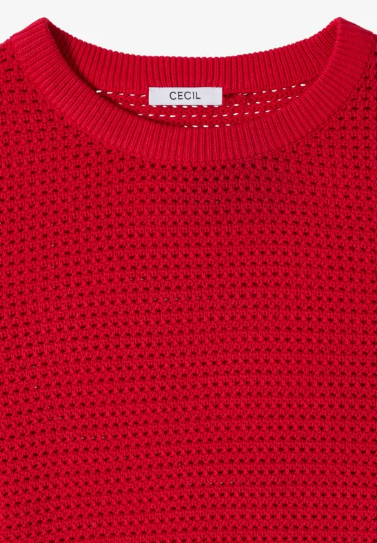 Roter Strickpullover mit luftigem Lochmuster und Rundhalsausschnitt, Label 'CECIL' am Kragen.