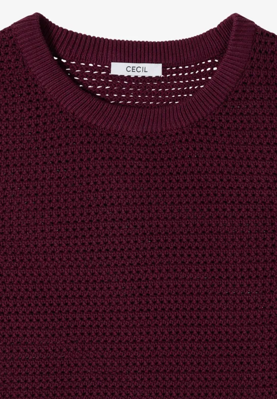 Bordeauxroter, grobgestrickter Pullover mit Rundhalsausschnitt und feinem Lochmuster von CECIL