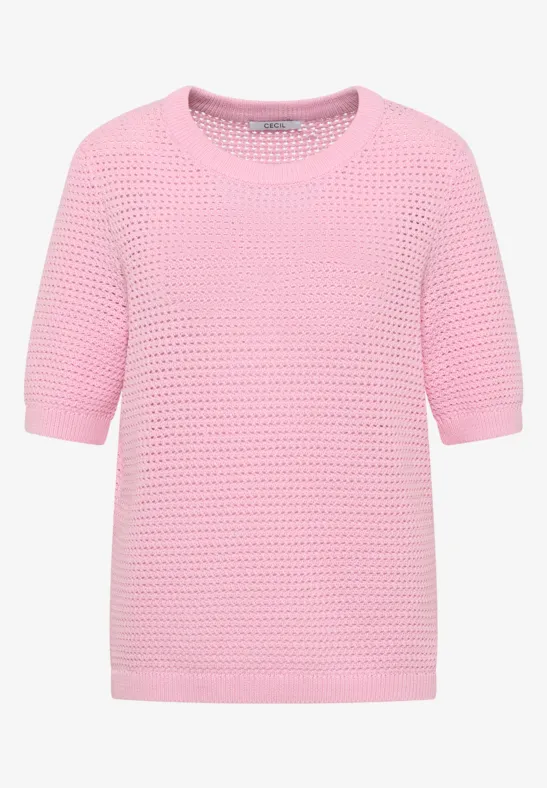 Rosa Pullover mit Waffelstrickmuster und kurzen Ärmeln
