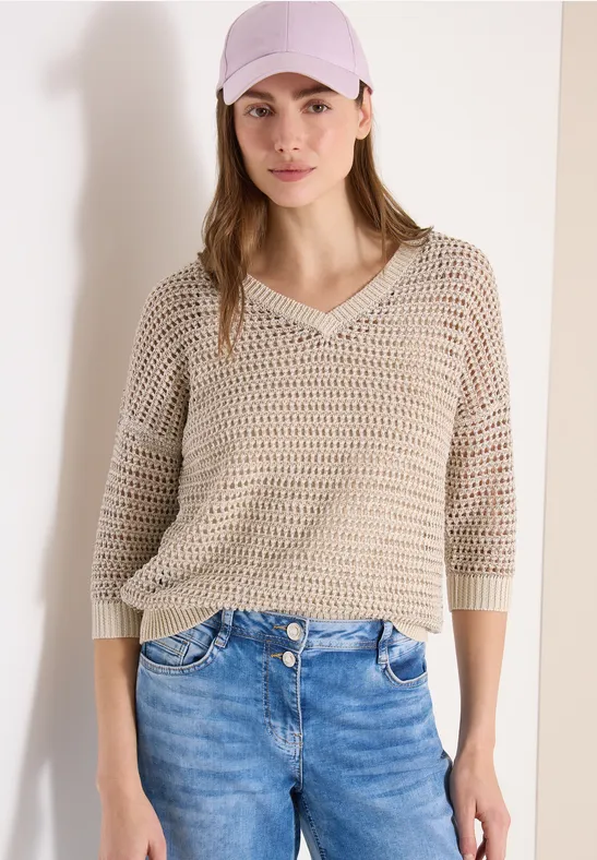 Pullover mit V-Neck und Garnmix pearl beige