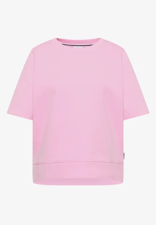 Rosa T-Shirt mit kurzem Arm und schlichtem Design.