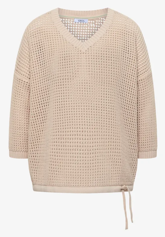 Pull ajouré beige à col V, manches 3/4, coupe ample et cordon latéral.