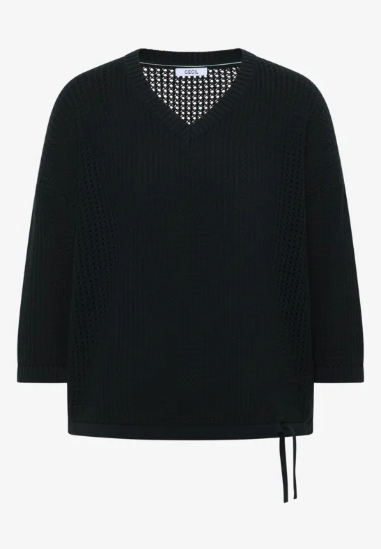 Schwarzer Strickpullover mit V-Ausschnitt und seitlicher Bandverzierung