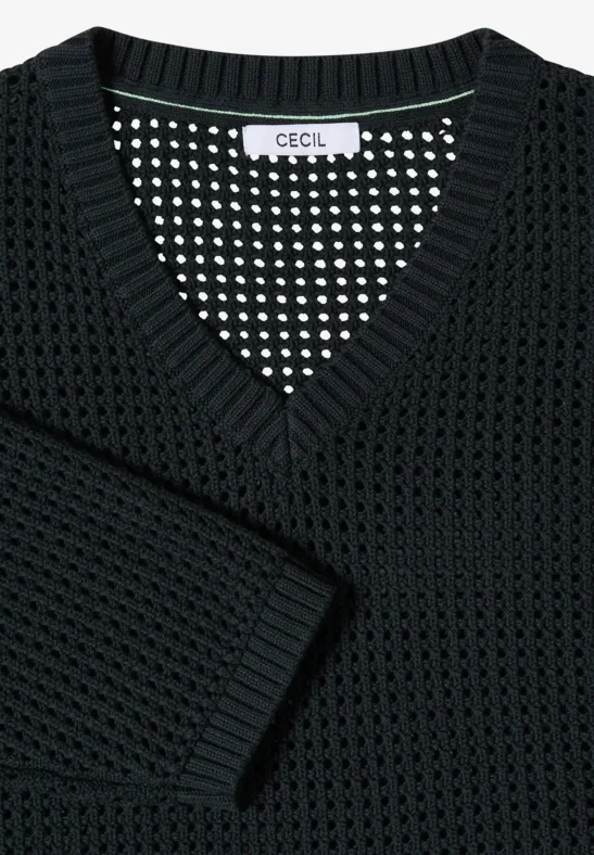 Schwarzer, grob gestrickter V-Ausschnitt-Pullover der Marke CECIL.