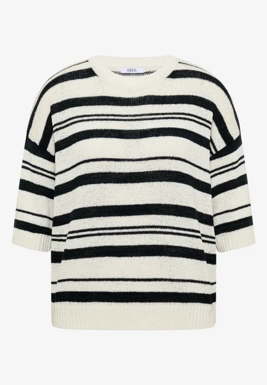 Pull écru structuré à rayures noires horizontales et manches 3/4.