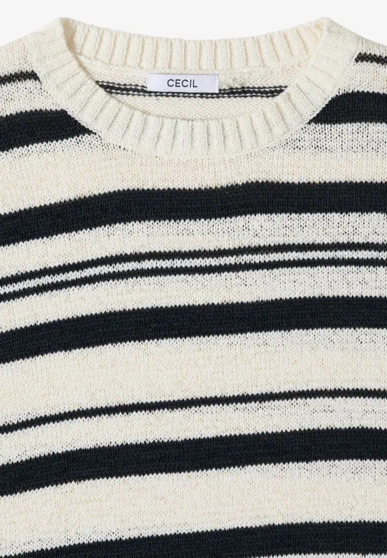 Pull beige clair à rayures bleu foncé, col rond, étiquette 'CECIL'