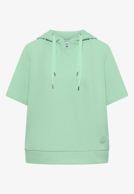 Sweat à capuche court manches courtes couleur menthe, cordons de serrage, coupe décontractée.