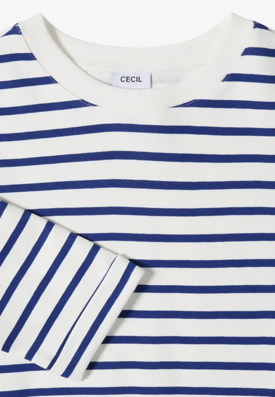 T-shirt blanc à manches longues à rayures bleues et col rond