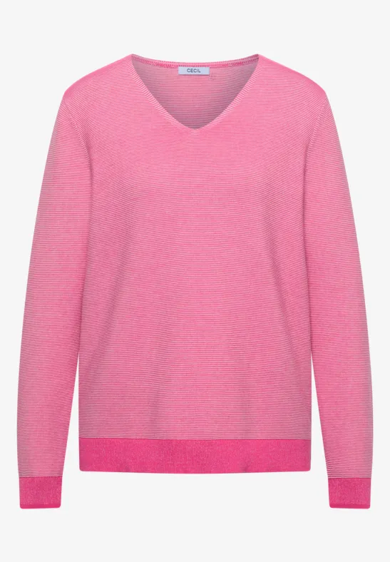 Pull rose à col en V en matière douce, manches longues