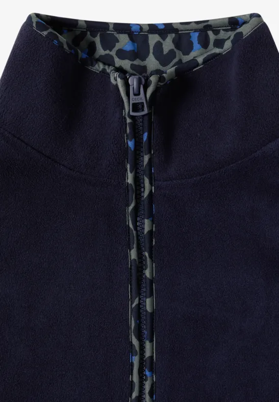 Marineblaue Fleecejacke mit durchgehendem Reißverschluss und camoufliertem Innenkragen
