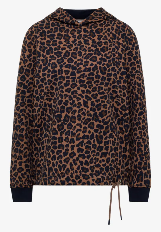 Sweat à capuche brun à motif léopard noir, poches kangourou, cordon de serrage et poignets côtelés.