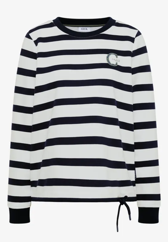Weiß-blau gestreiftes Langarmshirt mit Rundhalsausschnitt, Tunnelzug am Saum und kleinem Brustlogo.