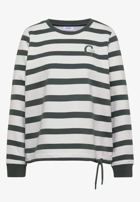 Pull blanc à rayures vert foncé, manches longues et cordon à la taille