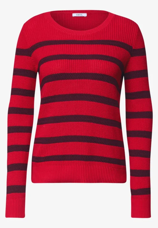 Rundhals-Pullover mit roten und schwarzen Querstreifen, langärmelig.