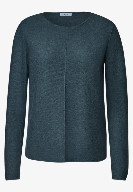 Pull fin tricot vert foncé à col rond, couture verticale sur le devant
