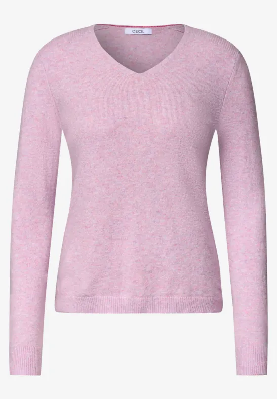 Pull femme rose à col en V et manches longues