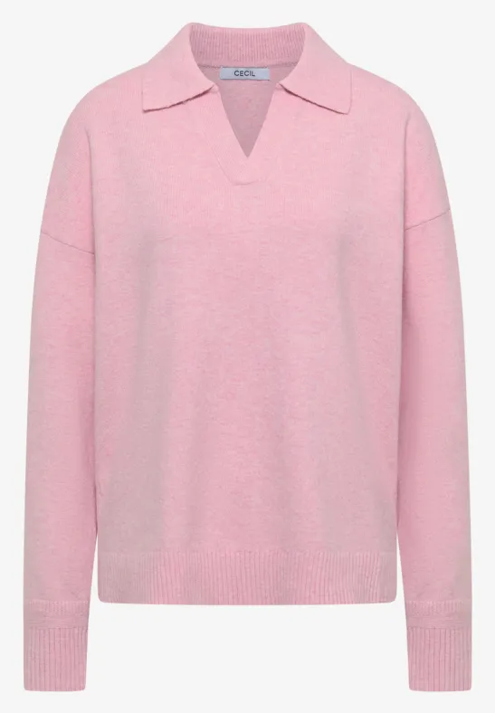 Pull rose à col chemise et encolure en V, manches longues