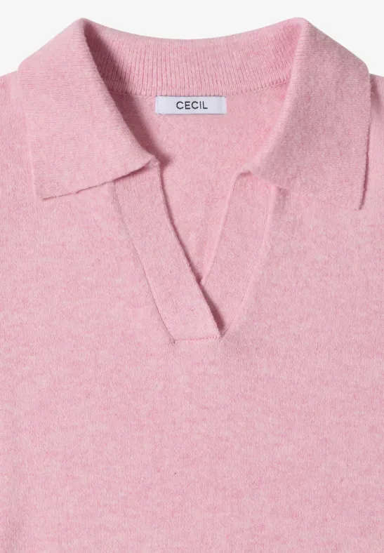 Polo en maille rose avec col chemise et encolure en V, marque CECIL.