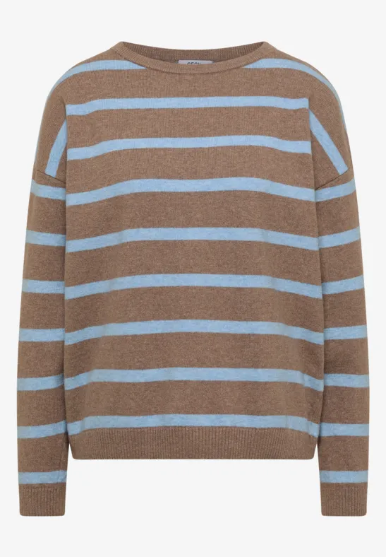 Pull marron à rayures bleu clair, col rond et manches longues.